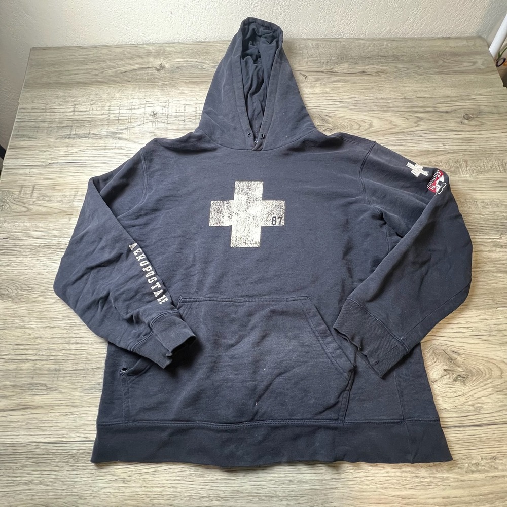 Aeropostale Hoodie Mens XL Navy Blue Graphic Cross Y2K Distressed Pullover